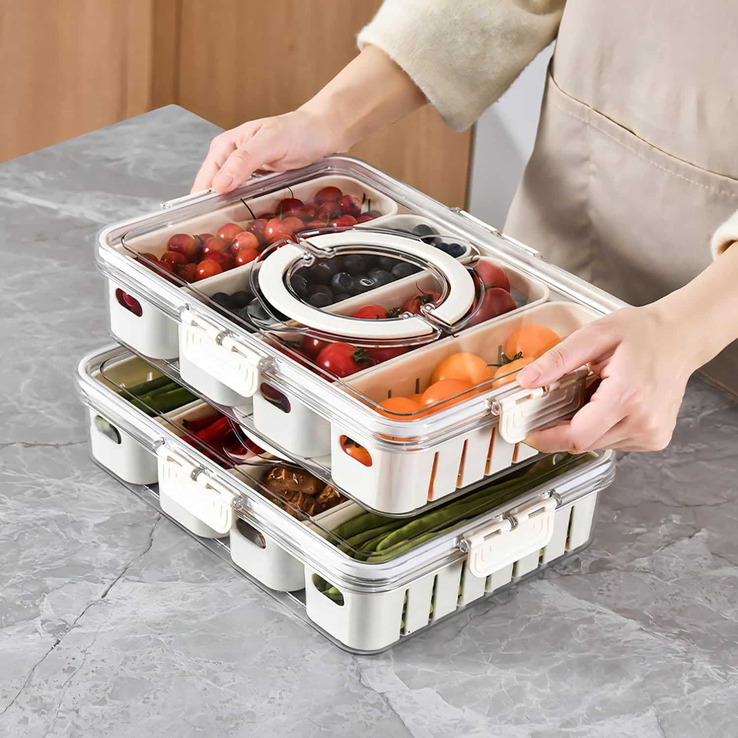 Vasukie 4 compartment fridge storage organizer box with lid