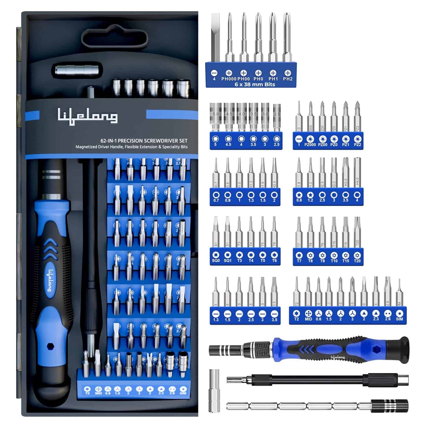 Lifelong 62 in 1 magnetic precision screwdriver set with multiple bits for electronics and home repair