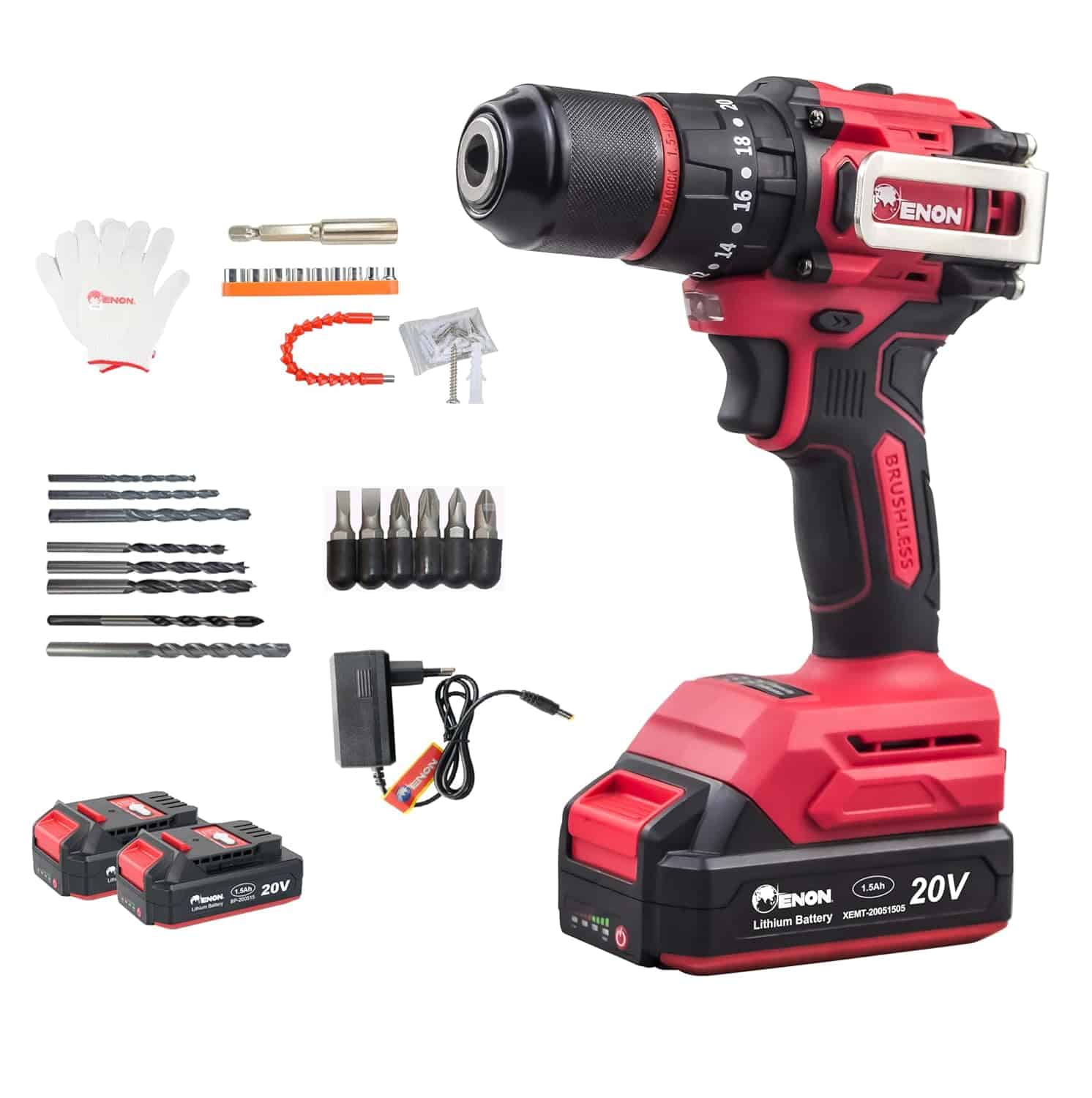Enon 20V Brushless Cordless Drill and 71 Free Accessories